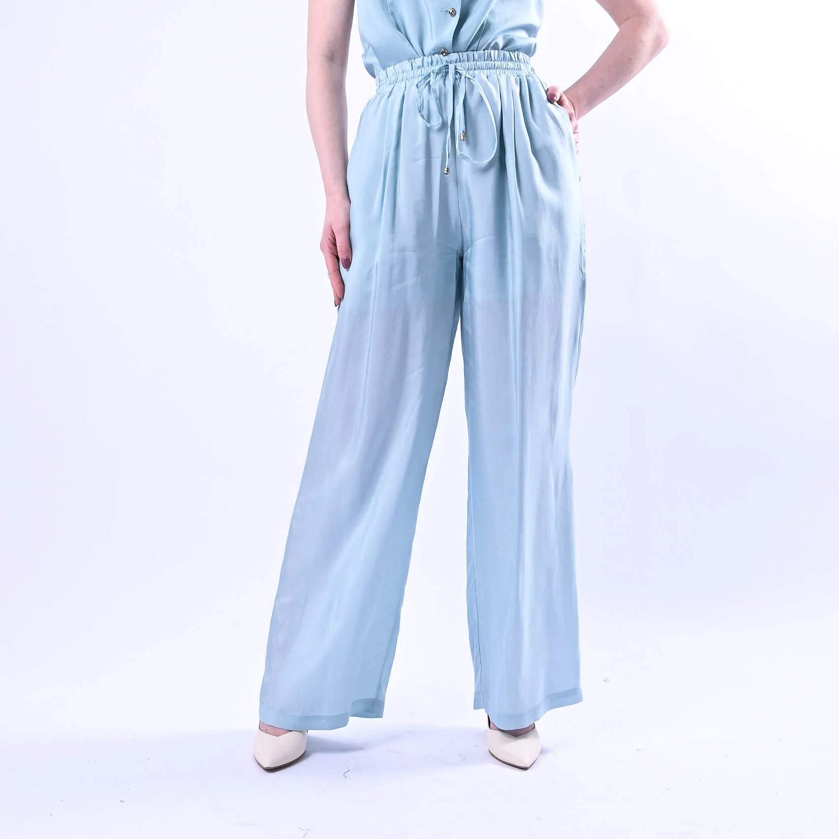 WU'SIDE - PANTALONE PALAZZO FLUIDO CON COULISSE ART.26289 - CIELO