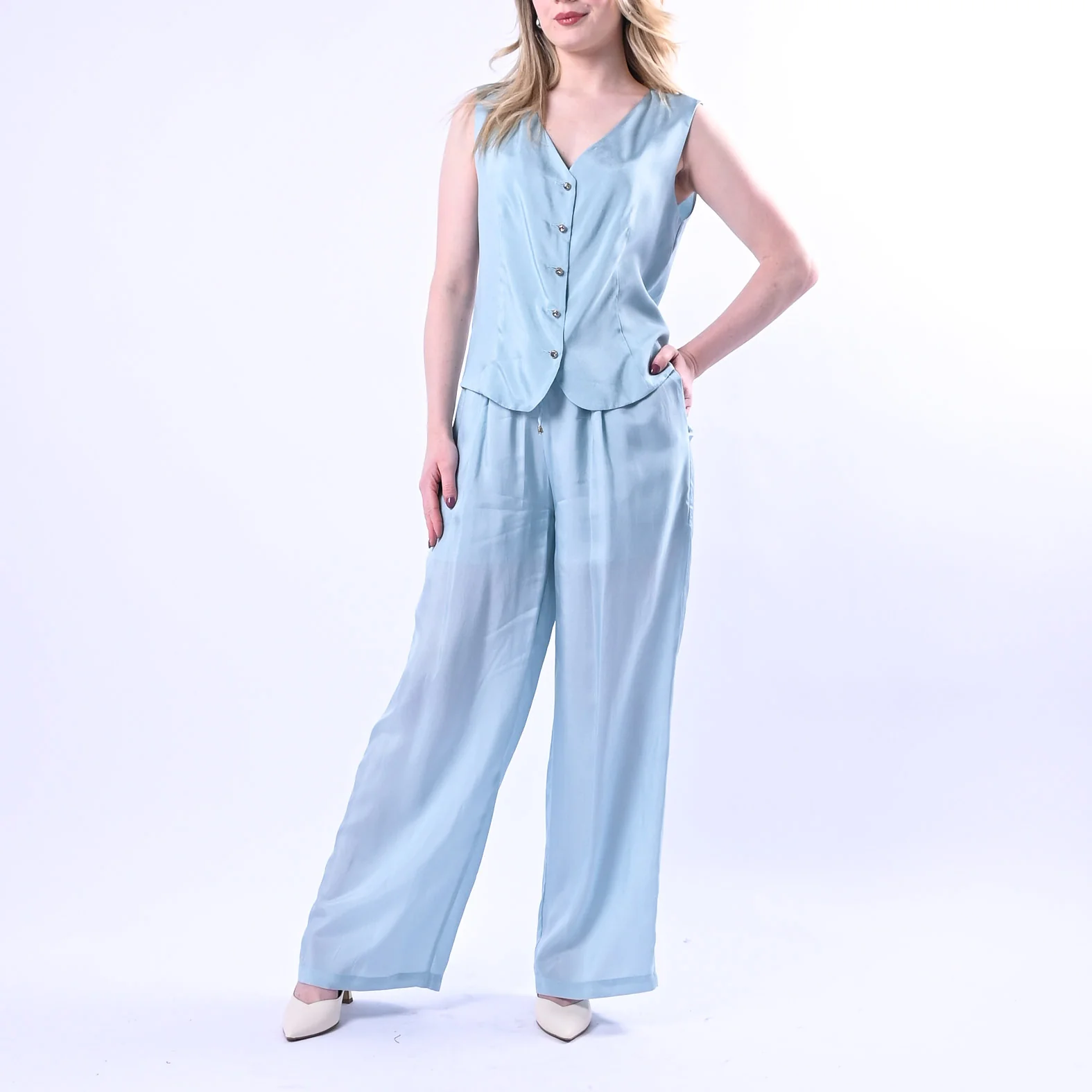 WU'SIDE - PANTALONE PALAZZO FLUIDO CON COULISSE ART.26289 - CIELO - Image 6