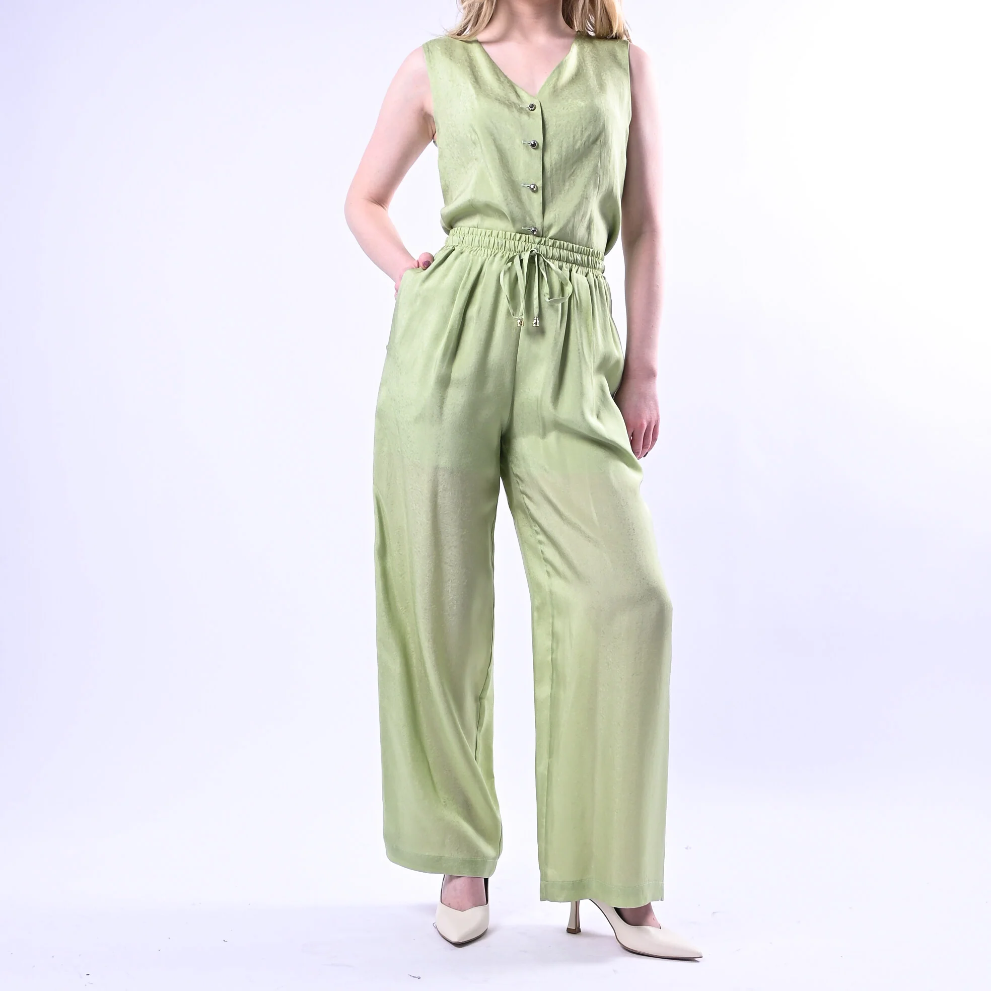 WU'SIDE - PANTALONE PALAZZO FLUIDO CON COULISSE  ART.26289 - SALVIA