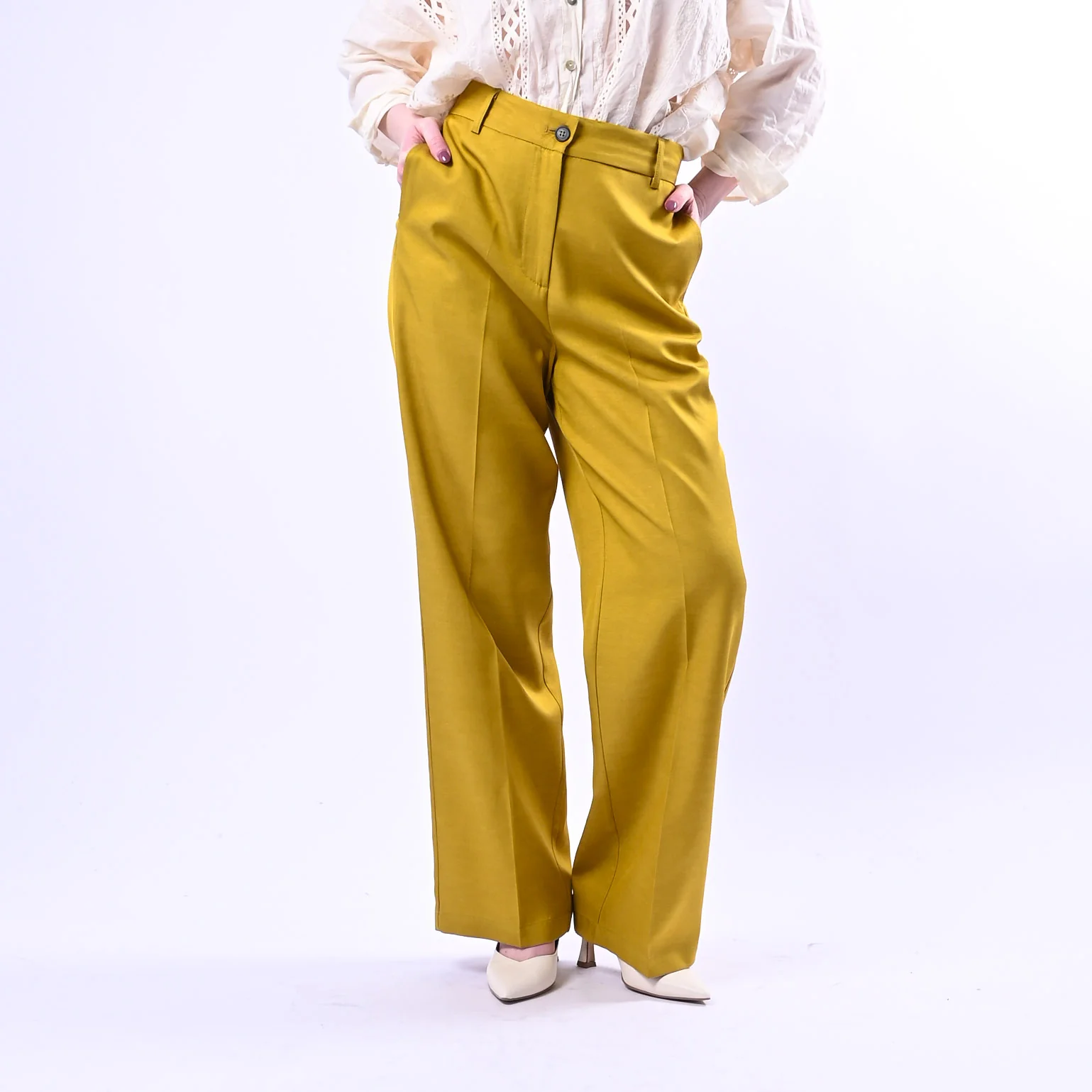 WU'SIDE - PANTALONE PALAZZO FLUIDO IN VISCOSA ART.26006 - SENAPE