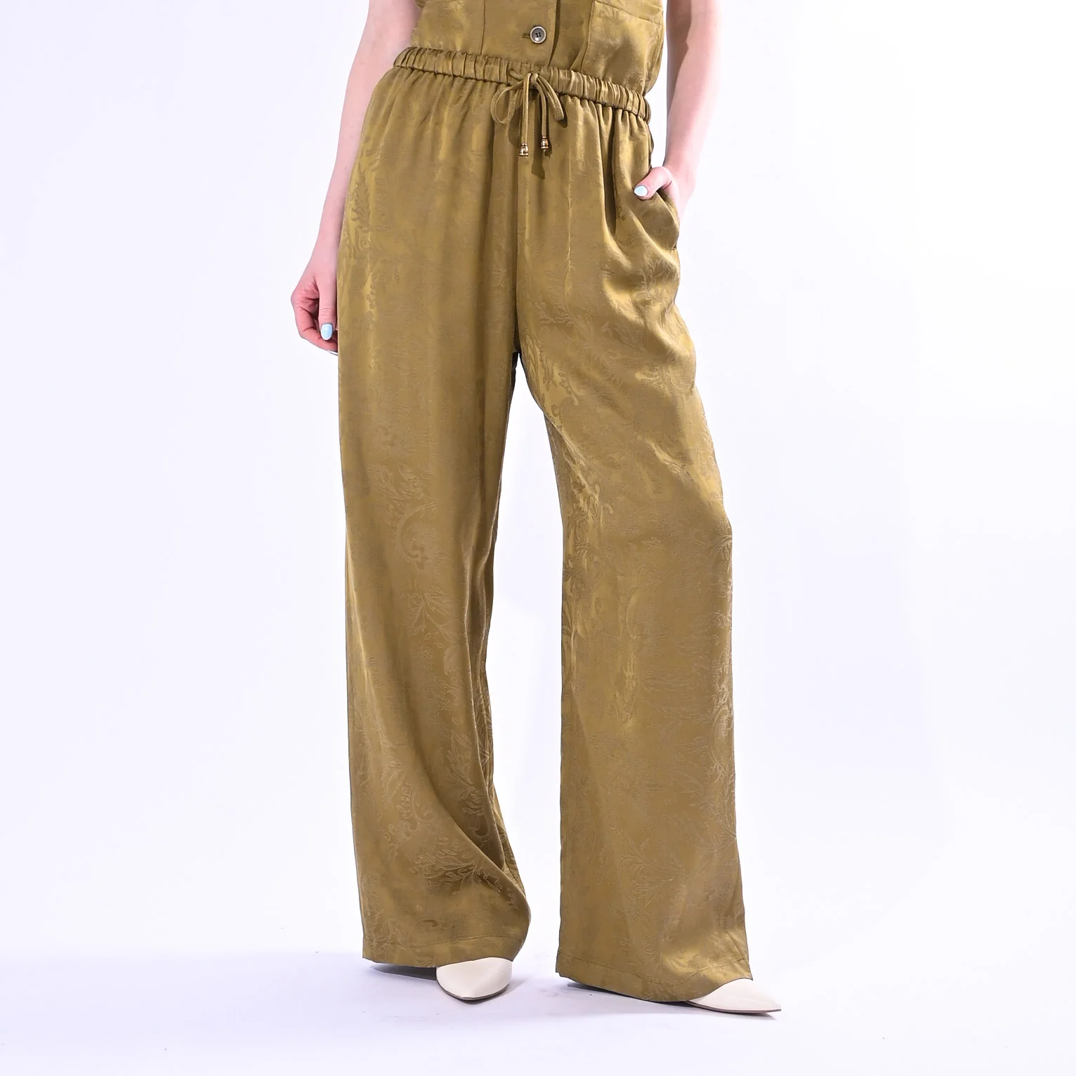 WU'SIDE - PANTALONE PALAZZO FLUIDO JAQUARD ART.26609/S -SENAPE